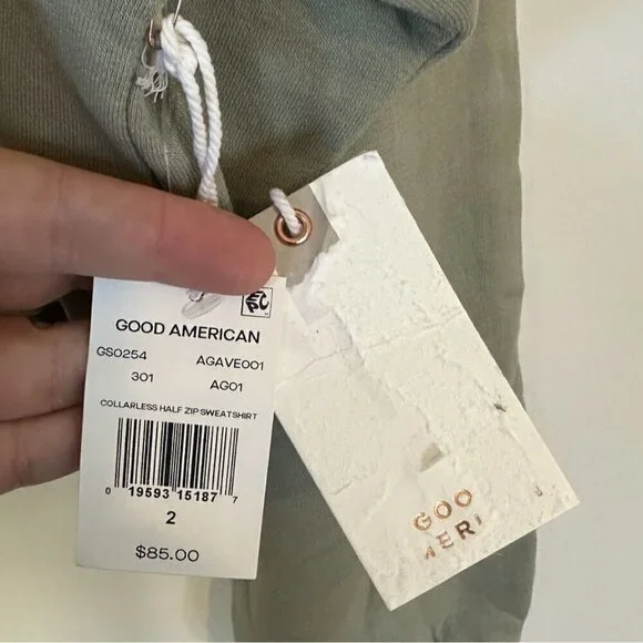 NWT Good American Essentials Green Collarless Half Zip Sweatshirt - Size 2 (M)